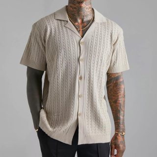 Polos & Rugbys | Short-Sleeve Cotton Cable-Knit Polo Cardigan Sweater  –  Mens Clothing Hthr Taupe