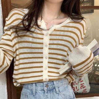 Sweaters | New Relaxed Emilie Sweater Lady Jacket In Stripe  –  Womens Clothing Black Hthr Camel