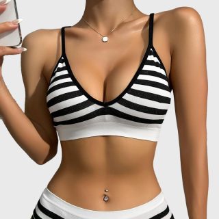 Swimwear | Contrast-Trim French Bikini Top In Stripe  –  Womens Clothing Dark Evening